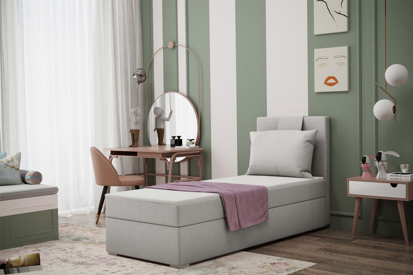 Fun Möbel Boxbett Schlafzimmerbett Gästebett SALMA in Stoff Soro (Inkl. Bettkasten rechts oder links, Inkl. Topper), Rückenkissen am Kopfteil von Fun Möbel