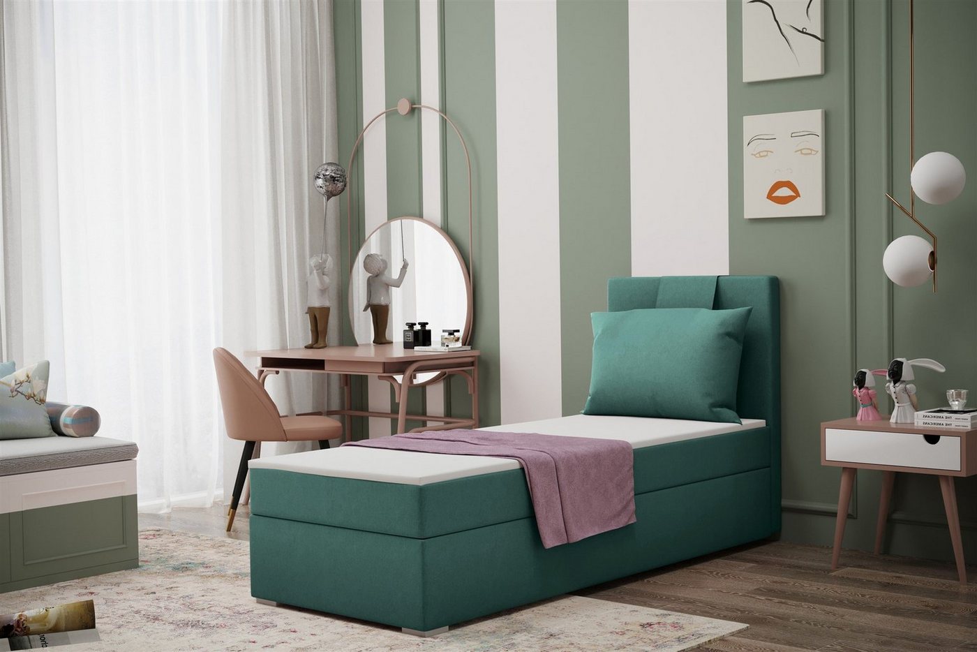 Fun Möbel Boxbett Schlafzimmerbett Gästebett SALMA in Stoff Soro (Inkl. Bettkasten rechts oder links, Inkl. Topper), Rückenkissen am Kopfteil von Fun Möbel