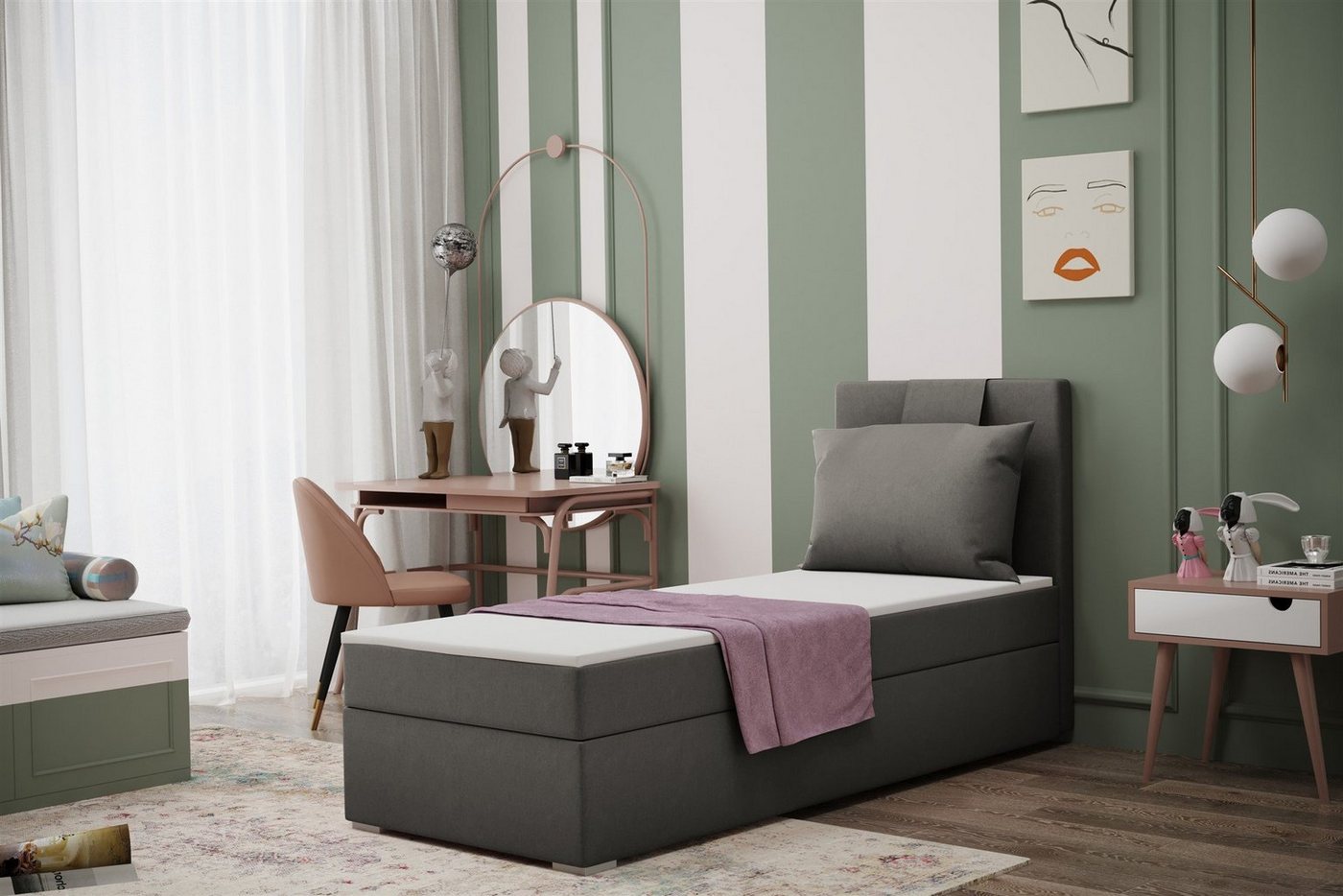 Fun Möbel Boxbett Schlafzimmerbett Gästebett SALMA in Stoff Soro (Inkl. Bettkasten rechts oder links, Inkl. Topper), Rückenkissen am Kopfteil von Fun Möbel
