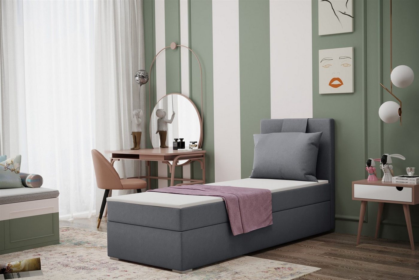 Fun Möbel Boxbett Schlafzimmerbett Gästebett SALMA in Stoff Soro (Inkl. Bettkasten rechts oder links, Inkl. Topper), Rückenkissen am Kopfteil von Fun Möbel