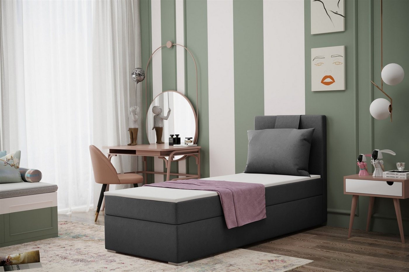 Fun Möbel Boxbett Schlafzimmerbett Gästebett SALMA in Stoff Soro (Inkl. Bettkasten rechts oder links, Inkl. Topper), Rückenkissen am Kopfteil von Fun Möbel