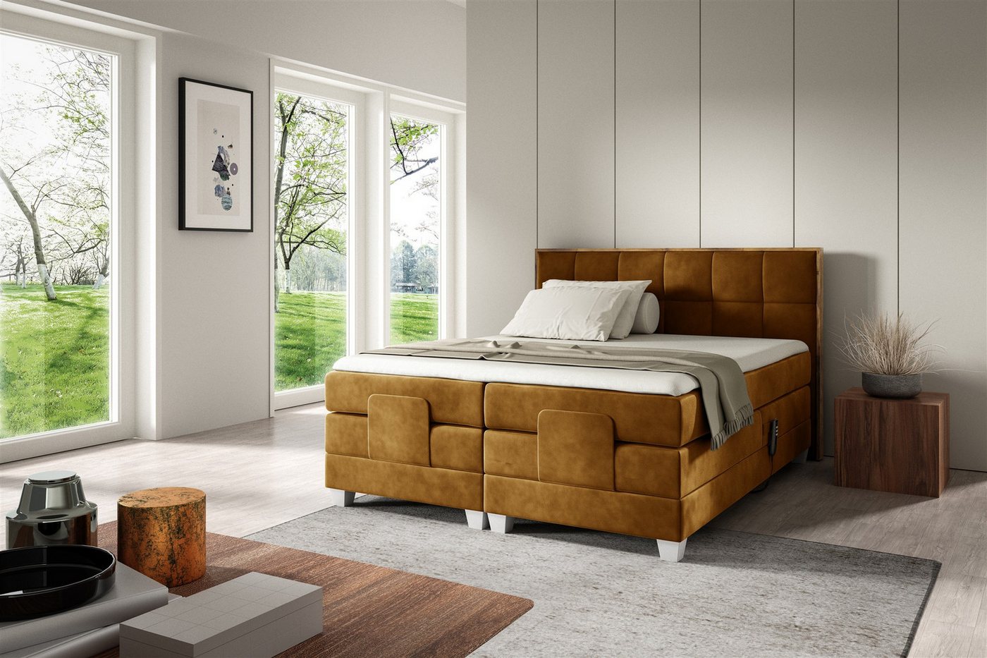 Fun Möbel Boxspringbett Schlafzimmerbett HENRY Elektrisch in Stoff Fresh (mit Bonell- und Taschenfederkernmatratze), Fuß- und Kopfteil elektrisch verstellbar von Fun Möbel