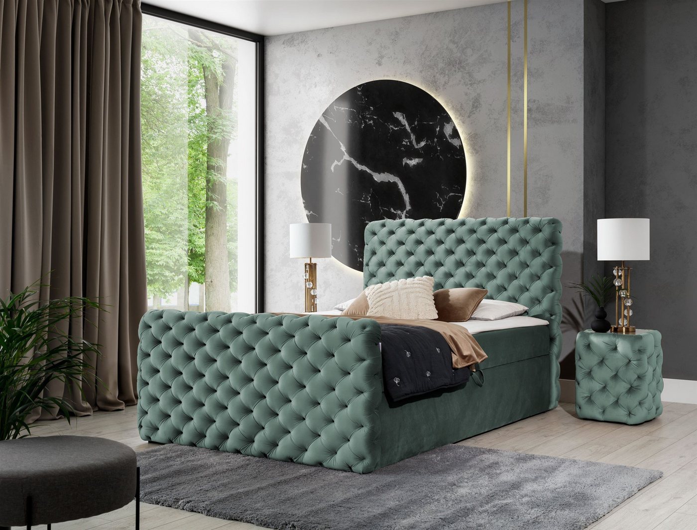 Fun Möbel Boxspringbett Schlafzimmerbett HIMAL in Stoff Riviera (mit Bettkästen, inkl. Topper), gepolstertes Fußteil von Fun Möbel