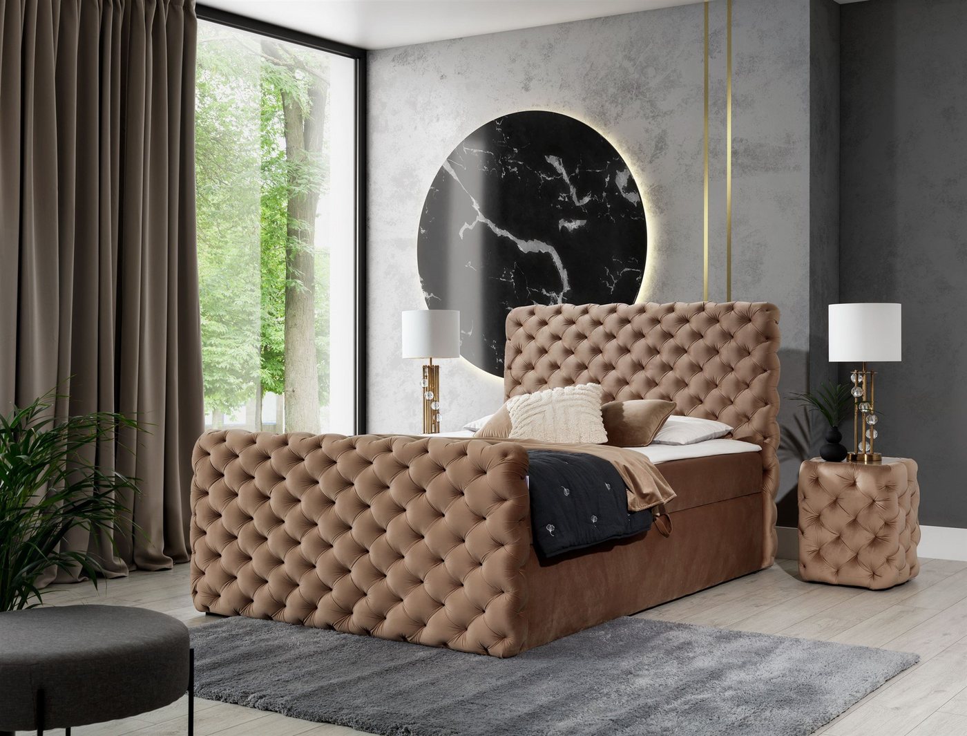 Fun Möbel Boxspringbett Schlafzimmerbett HIMAL in Stoff Riviera (mit Bettkästen, inkl. Topper), gepolstertes Fußteil von Fun Möbel