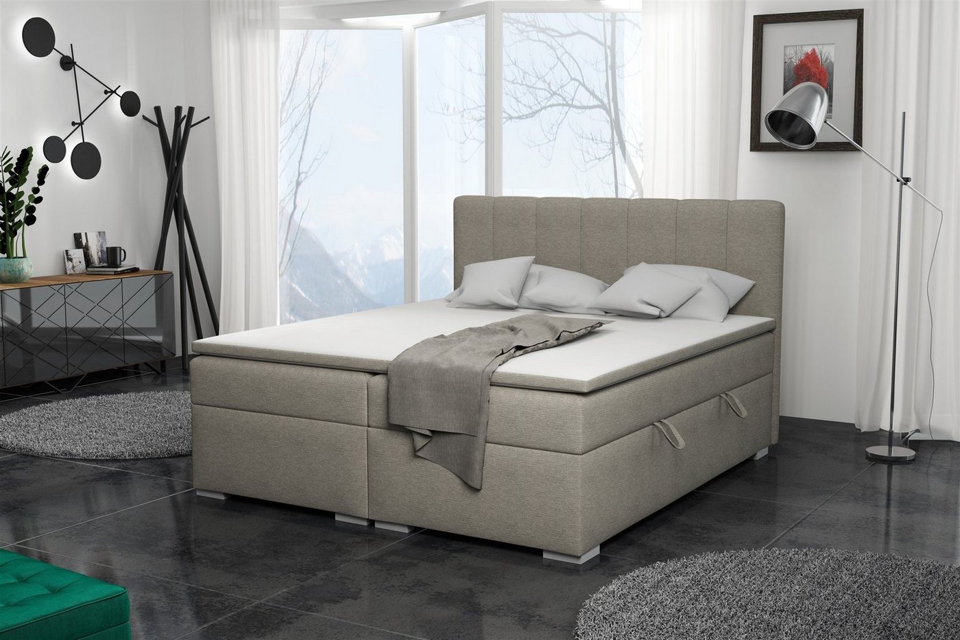 Fun Möbel Boxspringbett Schlafzimmerbett LAURIN (inkl. Bettkästen und Topper, Kunstleder oder Stoff), Beidseitig aufklappbare Bettkästen von Fun Möbel