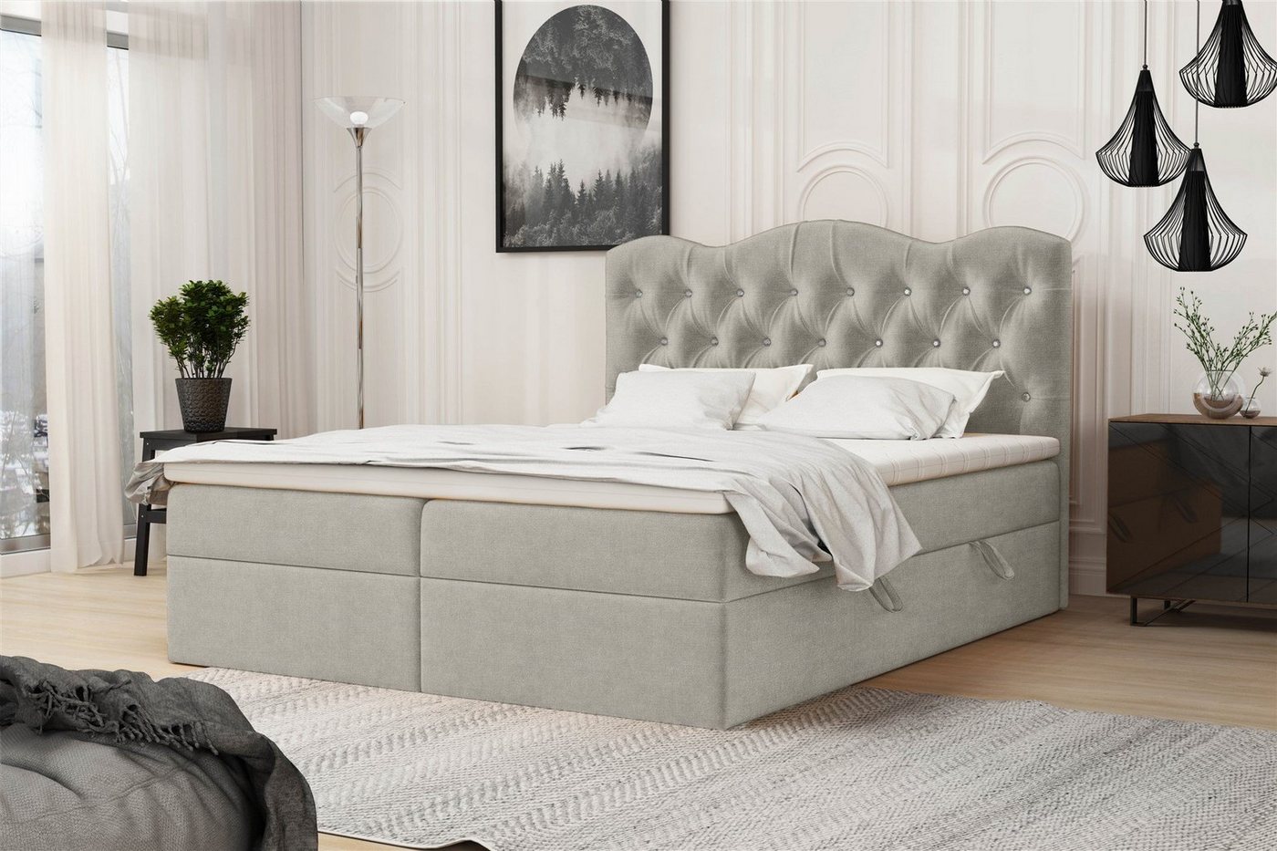 Fun Möbel Boxspringbett Schlafzimmerbett LODOS (inkl. Topper und Bettkästen, Kunstleder oder Stoff), Strasssteine im Kopfteil von Fun Möbel