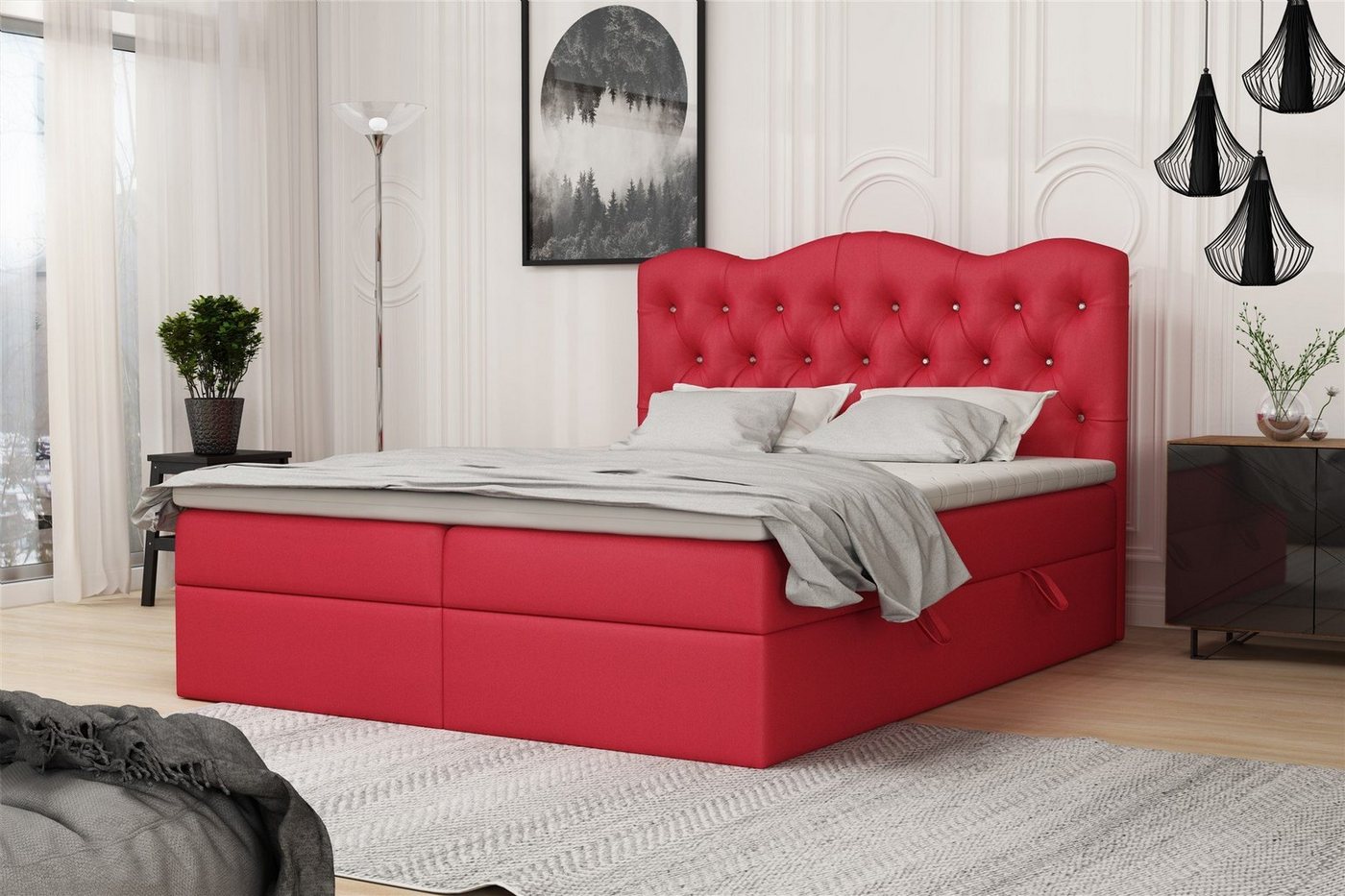 Fun Möbel Boxspringbett Schlafzimmerbett LODOS (inkl. Topper und Bettkästen, Kunstleder oder Stoff), Strasssteine im Kopfteil von Fun Möbel