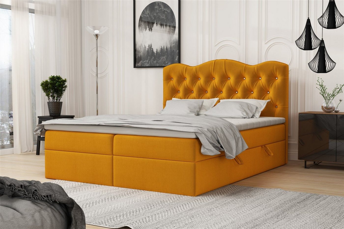 Fun Möbel Boxspringbett Schlafzimmerbett LODOS (inkl. Topper und Bettkästen, Kunstleder oder Stoff), Strasssteine im Kopfteil von Fun Möbel