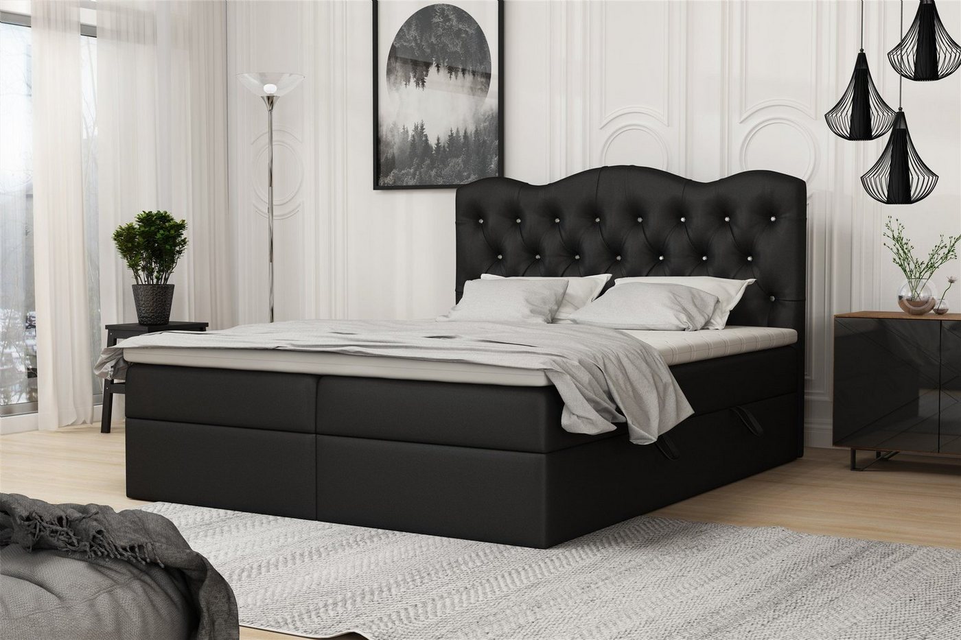 Fun Möbel Boxspringbett Schlafzimmerbett LODOS (inkl. Topper und Bettkästen, Kunstleder oder Stoff), Strasssteine im Kopfteil von Fun Möbel