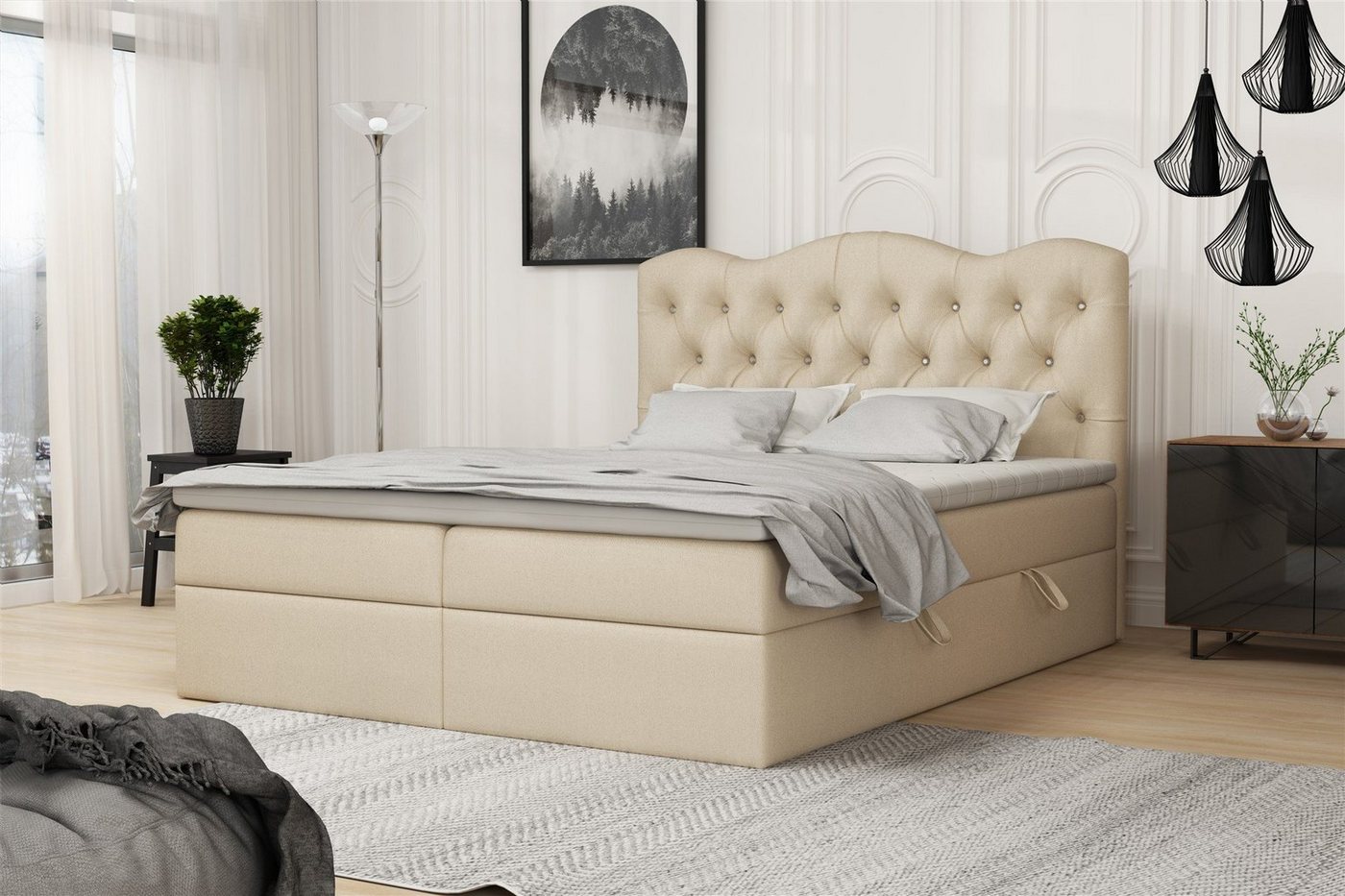 Fun Möbel Boxspringbett Schlafzimmerbett LODOS (inkl. Topper und Bettkästen, Kunstleder oder Stoff), Strasssteine im Kopfteil von Fun Möbel