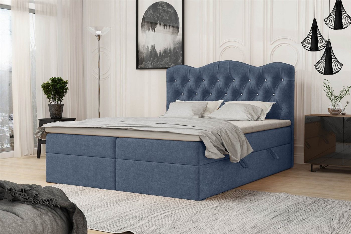 Fun Möbel Boxspringbett Schlafzimmerbett LODOS (inkl. Topper und Bettkästen, Kunstleder oder Stoff), Strasssteine im Kopfteil von Fun Möbel