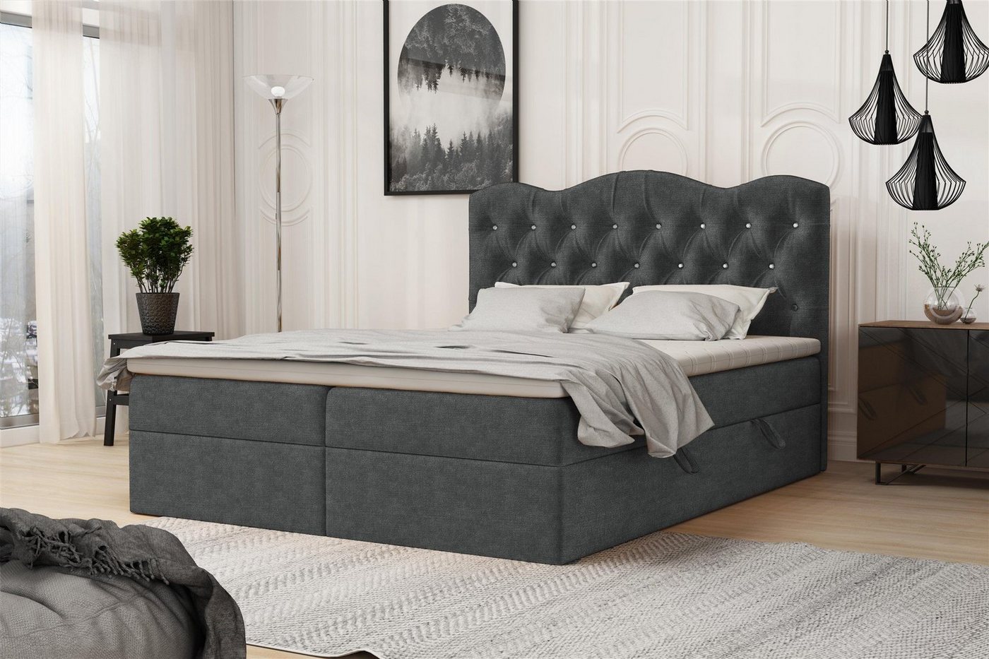 Fun Möbel Boxspringbett Schlafzimmerbett LODOS (inkl. Topper und Bettkästen, Kunstleder oder Stoff), Strasssteine im Kopfteil von Fun Möbel