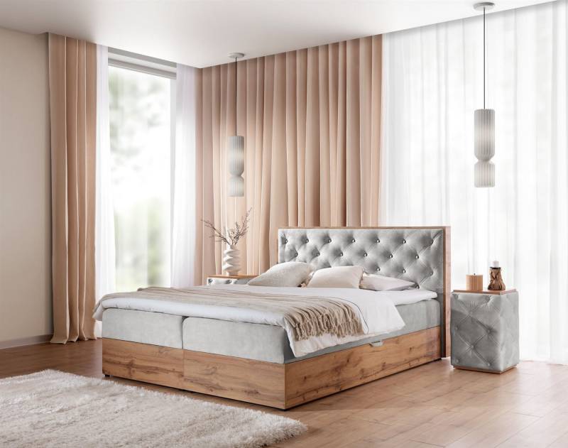 Fun Möbel Boxbett Schlafzimmerbett MAXIMO Überlänge in Stoff Torre (inkl. Kaltschaumtopper), 2 Bettkästen, Artisan-Eiche-Optik von Fun Möbel