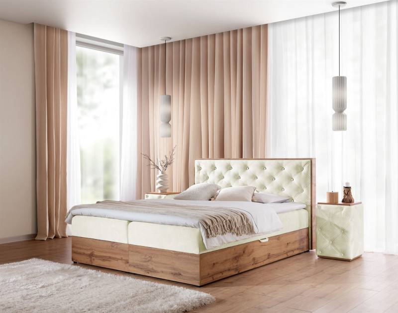 Fun Möbel Boxbett Schlafzimmerbett MAXIMO Überlänge in Stoff Torre (inkl. Kaltschaumtopper), 2 Bettkästen, Artisan-Eiche-Optik von Fun Möbel