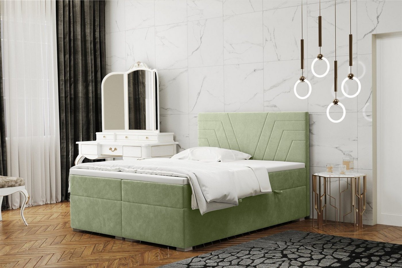 Fun Möbel Boxspringbett Schlafzimmerbett RAMON Überlänge in Stoff Matt Velvet (inkl. Topper und Bettkästen, auch in Standardlänge erhältlich), Gestepptes Kopfteil von Fun Möbel
