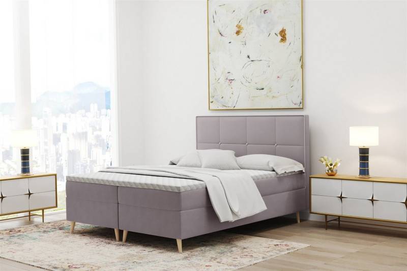 Fun Möbel Boxspringbett Schlafzimmerbett RENAN in Stoff Riviera (inkl. Topper und Bettkästen, auch in Überlänge erhältlich), Kopfteil mit kontrastfarbigem Saum und Knöpfen von Fun Möbel