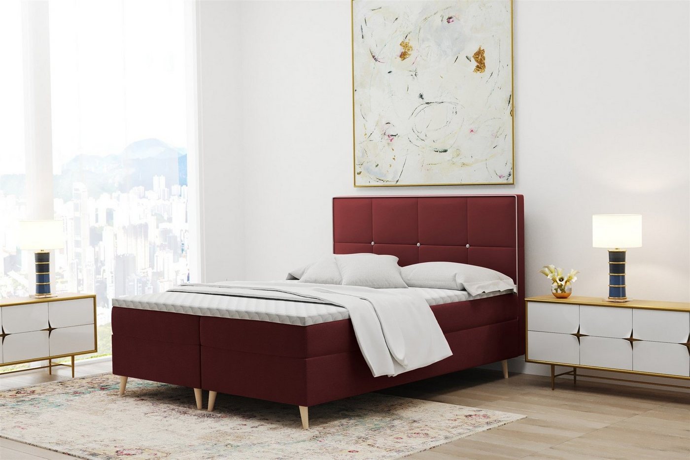 Fun Möbel Boxspringbett Schlafzimmerbett RENAN in Stoff Riviera (inkl. Topper und Bettkästen, auch in Überlänge erhältlich), Kopfteil mit kontrastfarbigem Saum und Knöpfen von Fun Möbel