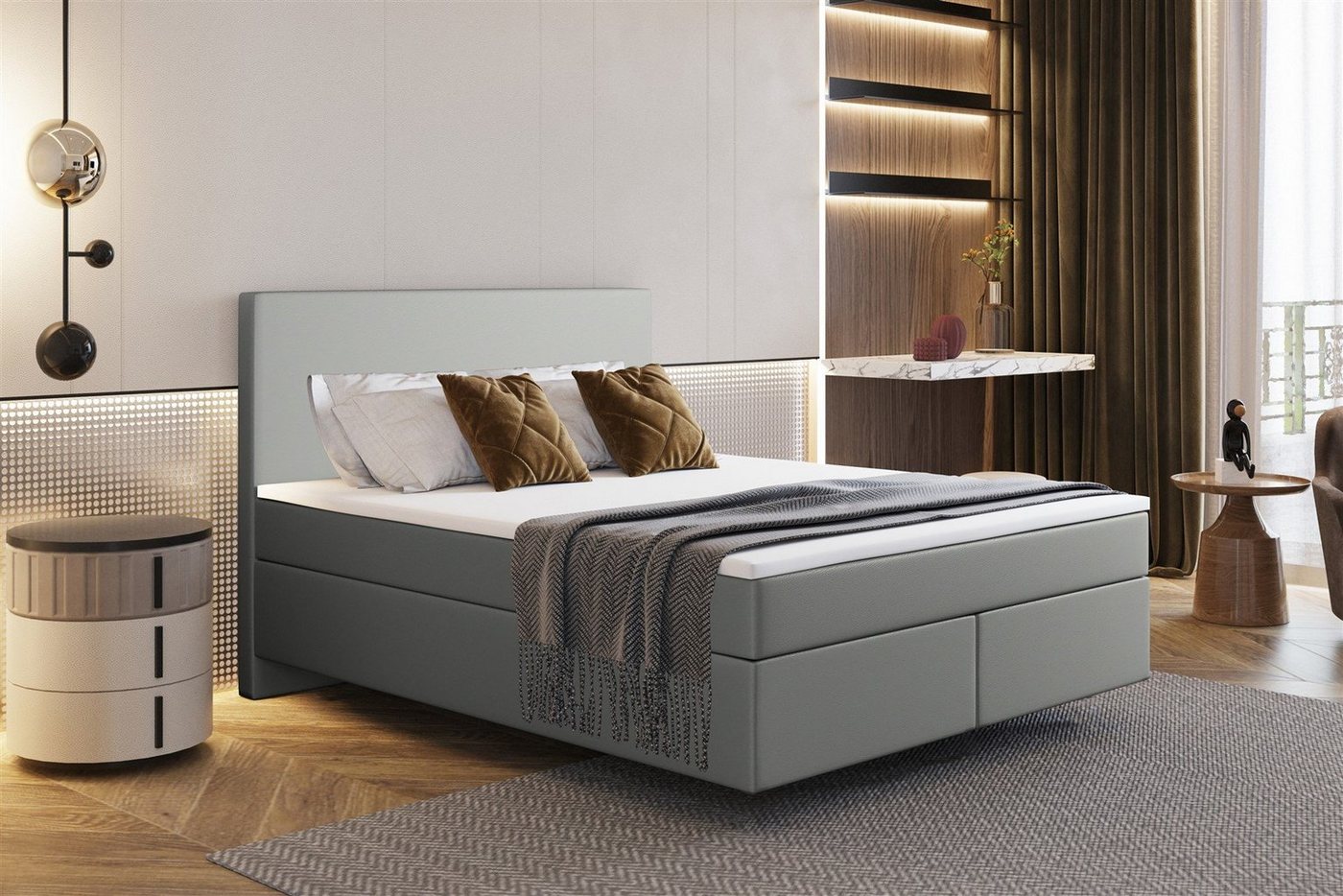 Fun Möbel Boxspringbett Schlafzimmerbett ROCIO DELUX Nr.5 Kunstleder Madryt (inkl. Viscoschaumtopper), Scheinbar schwebende Optik von Fun Möbel