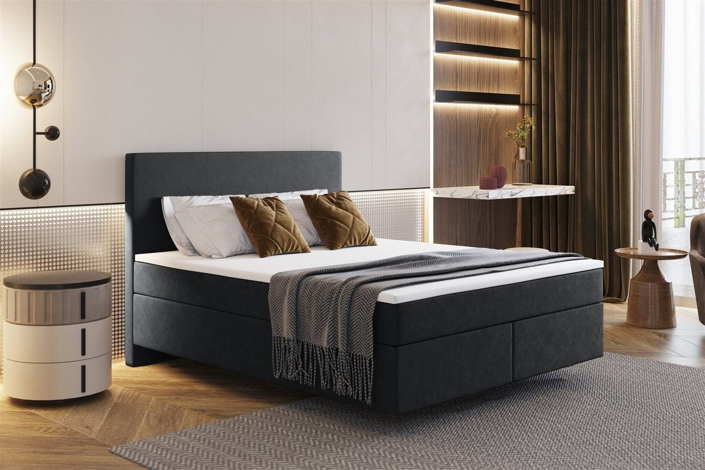 Fun Möbel Boxspringbett Schlafzimmerbett ROCIO DELUX Nr.5 Stoff Monolith (inkl. Viscoschaumtopper), Scheinbar schwebende Optik von Fun Möbel