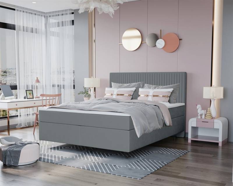 Fun Möbel Boxspringbett Schlafzimmerbett ROCIO Premium Nr.2 Stoff Monolith (inkl. Kaltschaumtopper), Scheinbar schwebende Optik von Fun Möbel