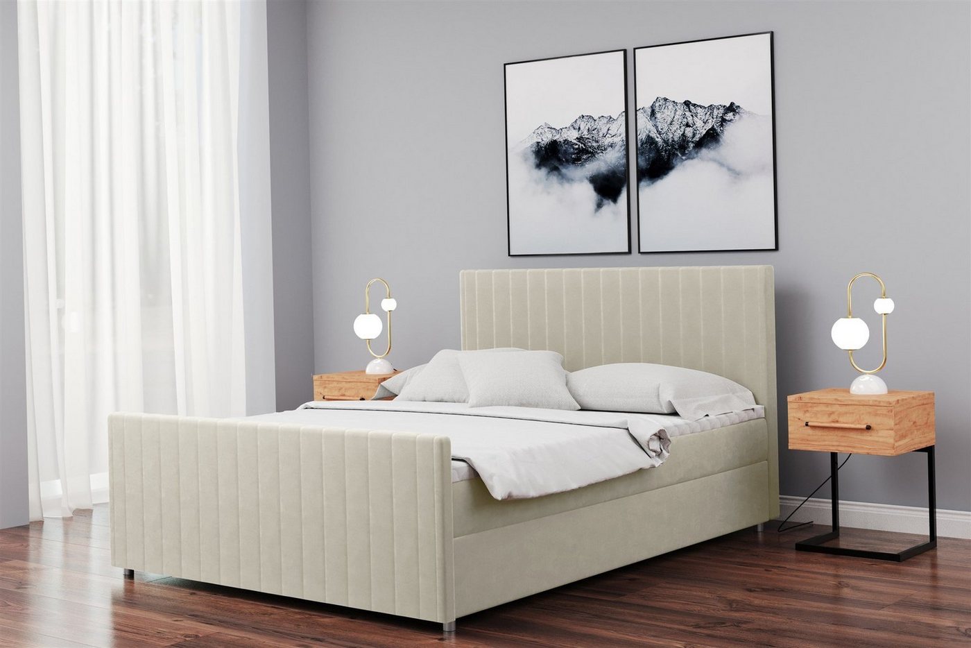 Fun Möbel Boxspringbett Schlafzimmerbett ROSALIE Überlänge in Stoff Matt Velvet (inkl. Topper und Bettkästen, auch in Standardlänge erhältlich), gepolstertes und gestepptes Kopf- und Fußteil von Fun Möbel