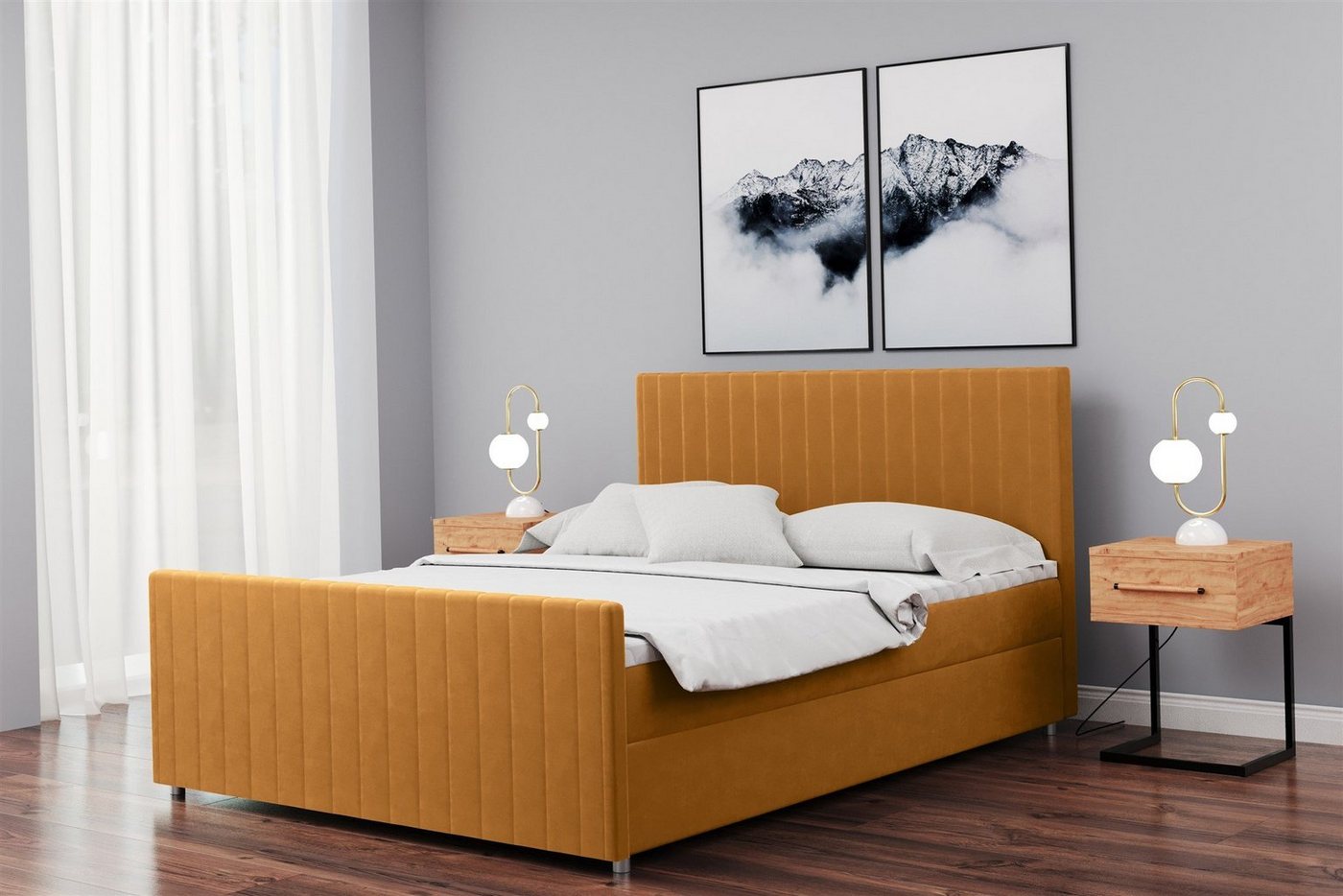 Fun Möbel Boxspringbett Schlafzimmerbett ROSALIE Überlänge in Stoff Matt Velvet (inkl. Topper und Bettkästen, auch in Standardlänge erhältlich), gepolstertes und gestepptes Kopf- und Fußteil von Fun Möbel