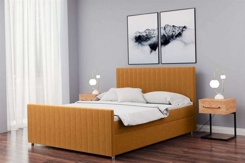 Fun Möbel Boxspringbett Schlafzimmerbett ROSALIE Überlänge in Stoff Matt Velvet (inkl. Topper und Bettkästen, auch in Standardlänge erhältlich), gepolstertes und gestepptes Kopf- und Fußteil von Fun Möbel