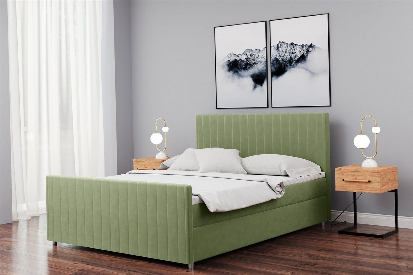 Fun Möbel Boxspringbett Schlafzimmerbett ROSALIE Überlänge in Stoff Matt Velvet (inkl. Topper und Bettkästen, auch in Standardlänge erhältlich), gepolstertes und gestepptes Kopf- und Fußteil von Fun Möbel