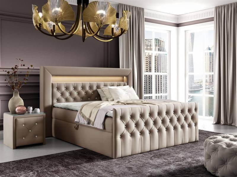 Fun Möbel Boxbett Schlafzimmerbett SEVRA Nr.1 in Stoff Elisa Velvet (inkl. Bettkasten und Topper, RGB LED-Beleuchtung mit Fernbedienung), mit Strasssteinen besetzt von Fun Möbel