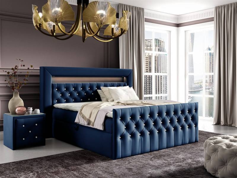 Fun Möbel Boxbett Schlafzimmerbett SEVRA Nr.1 in Stoff Elisa Velvet (inkl. Bettkasten und Topper, RGB LED-Beleuchtung mit Fernbedienung), mit Strasssteinen besetzt von Fun Möbel
