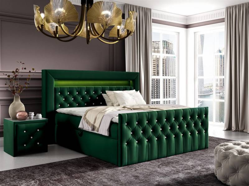 Fun Möbel Boxbett Schlafzimmerbett SEVRA Nr.1 in Stoff Elisa Velvet (inkl. Bettkasten und Topper, RGB LED-Beleuchtung mit Fernbedienung), mit Strasssteinen besetzt von Fun Möbel