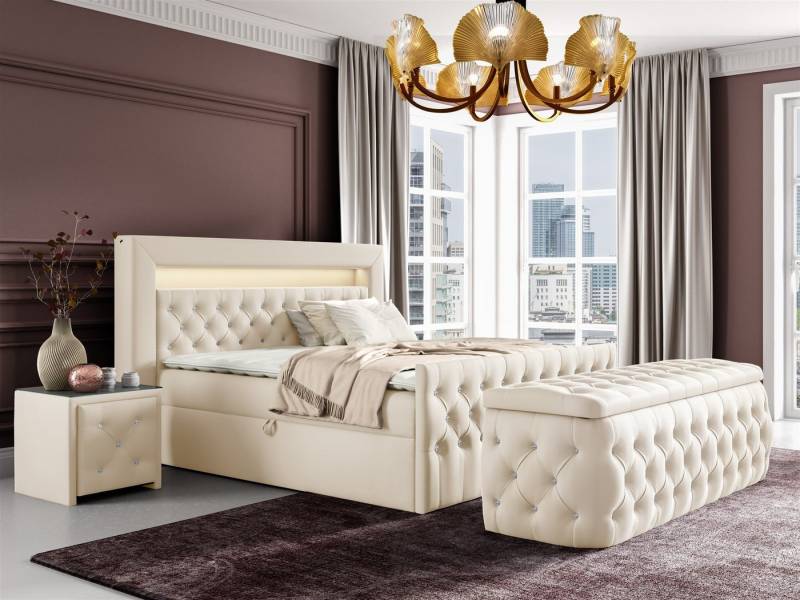 Fun Möbel Boxbett Schlafzimmerbett SEVRA Nr.3 in Stoff Elisa Velvet (inkl. Bettkasten und Topper, RGB LED-Beleuchtung mit Fernbedienung), inkl. Polsterhocker mit Stauraum von Fun Möbel