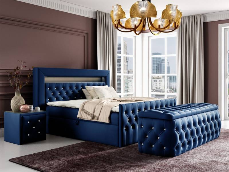 Fun Möbel Boxbett Schlafzimmerbett SEVRA Nr.4 in Stoff Elisa Velvet (inkl. Bettkasten und Topper, RGB LED-Beleuchtung mit Fernbedienung), inkl. Polsterhocker mit Stauraum und 2 Nachttische mit Glasplatte von Fun Möbel