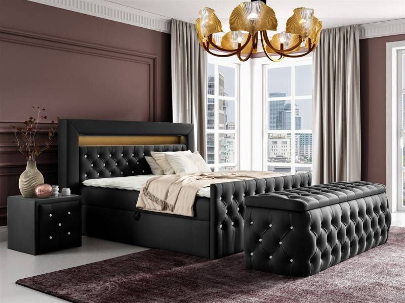 Fun Möbel Boxbett Schlafzimmerbett SEVRA Nr.4 in Stoff Elisa Velvet (inkl. Bettkasten und Topper, RGB LED-Beleuchtung mit Fernbedienung), inkl. Polsterhocker mit Stauraum und 2 Nachttische mit Glasplatte von Fun Möbel