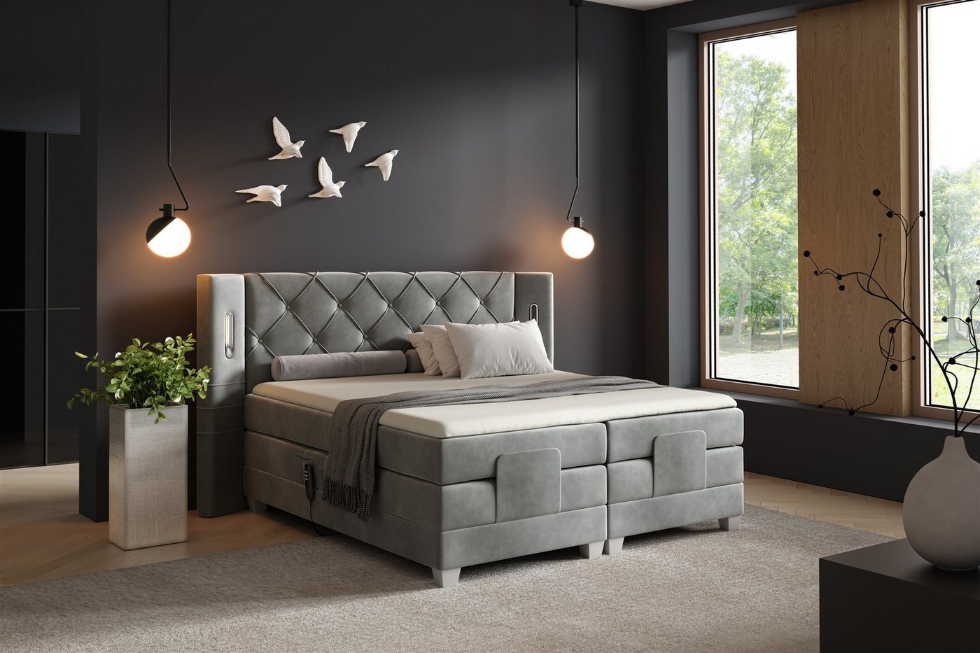 Fun Möbel Boxspringbett Schlafzimmerbett STEVE Elektrisch in Stoff Fresh, Fuß- und Kopfteil elektrisch verstellbar, Ambientebeleuchtung von Fun Möbel