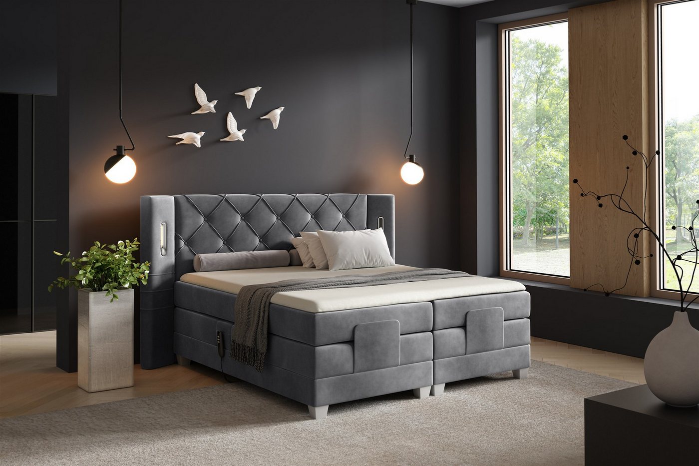 Fun Möbel Boxspringbett Schlafzimmerbett STEVE Elektrisch in Stoff Fresh, Fuß- und Kopfteil elektrisch verstellbar, Ambientebeleuchtung von Fun Möbel