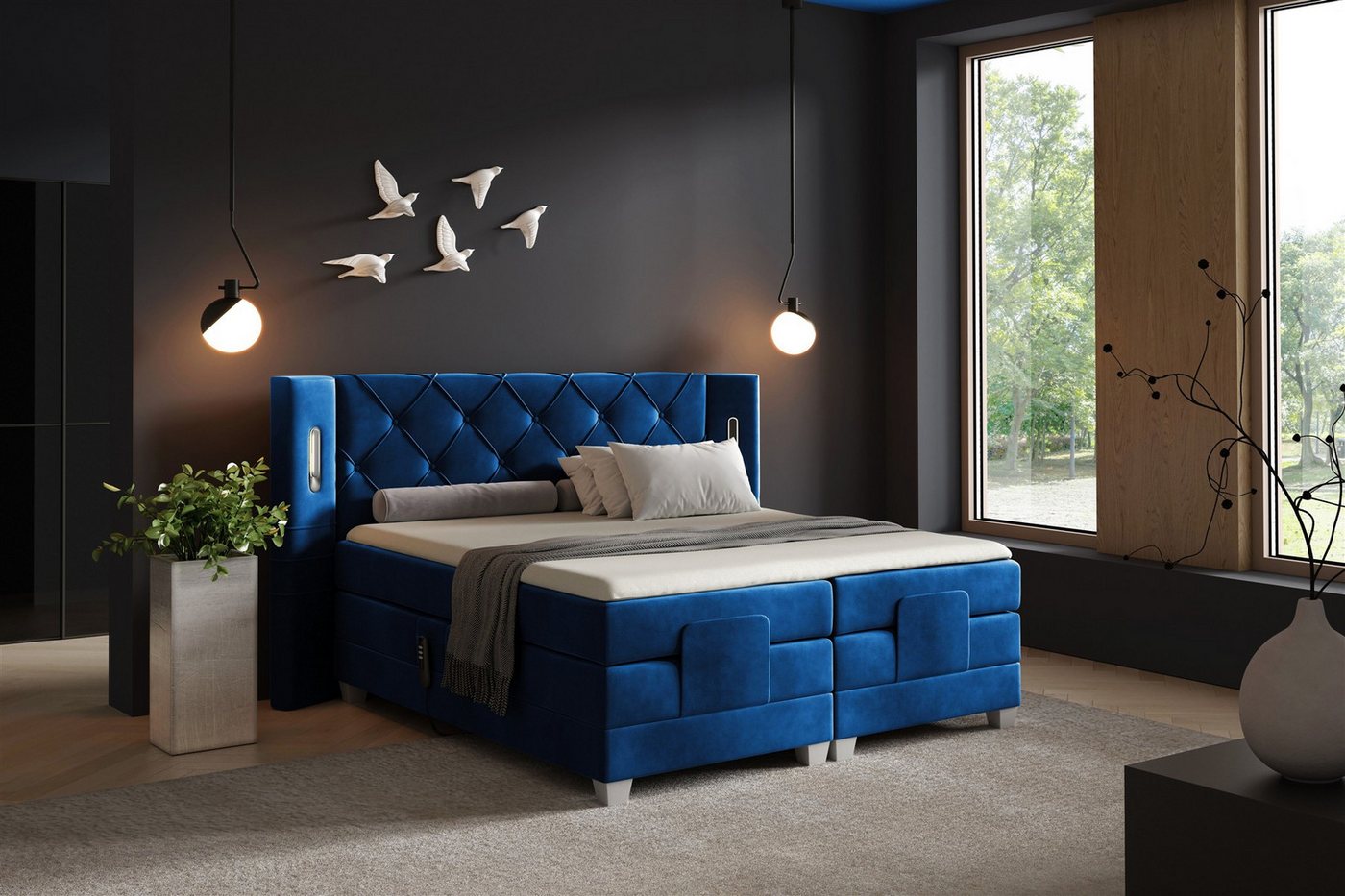 Fun Möbel Boxspringbett Schlafzimmerbett STEVE Elektrisch in Stoff Fresh, Fuß- und Kopfteil elektrisch verstellbar, Ambientebeleuchtung von Fun Möbel