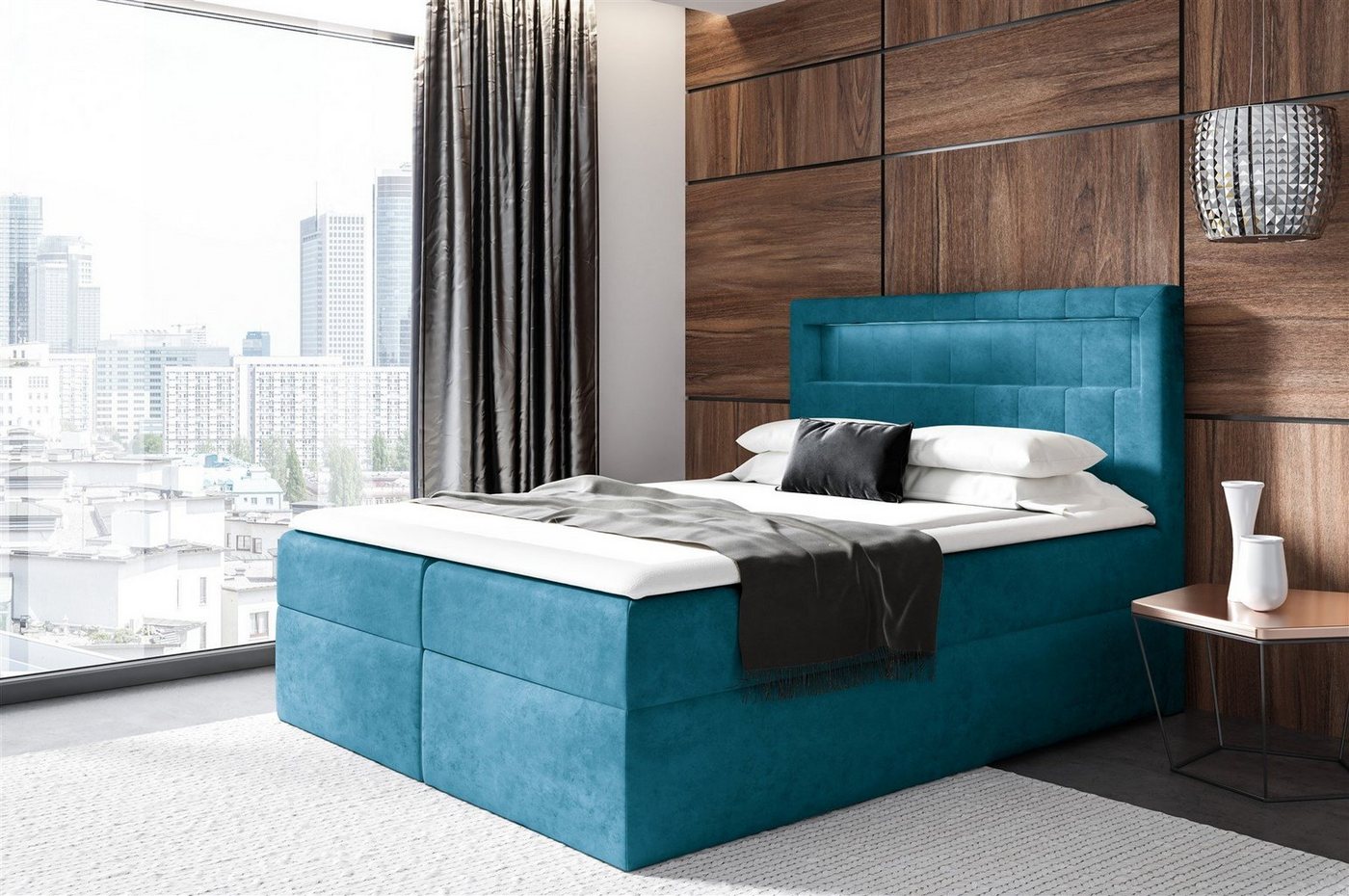 Fun Möbel Boxbett Schlafzimmerbett STORM in Stoff oder Kunstleder (Inkl. Ablagefach im Kopfteil, inkl. Bettkasten und Topper), inkl. LED-Beleuchtung (Warm- oder Kaltweiß) von Fun Möbel