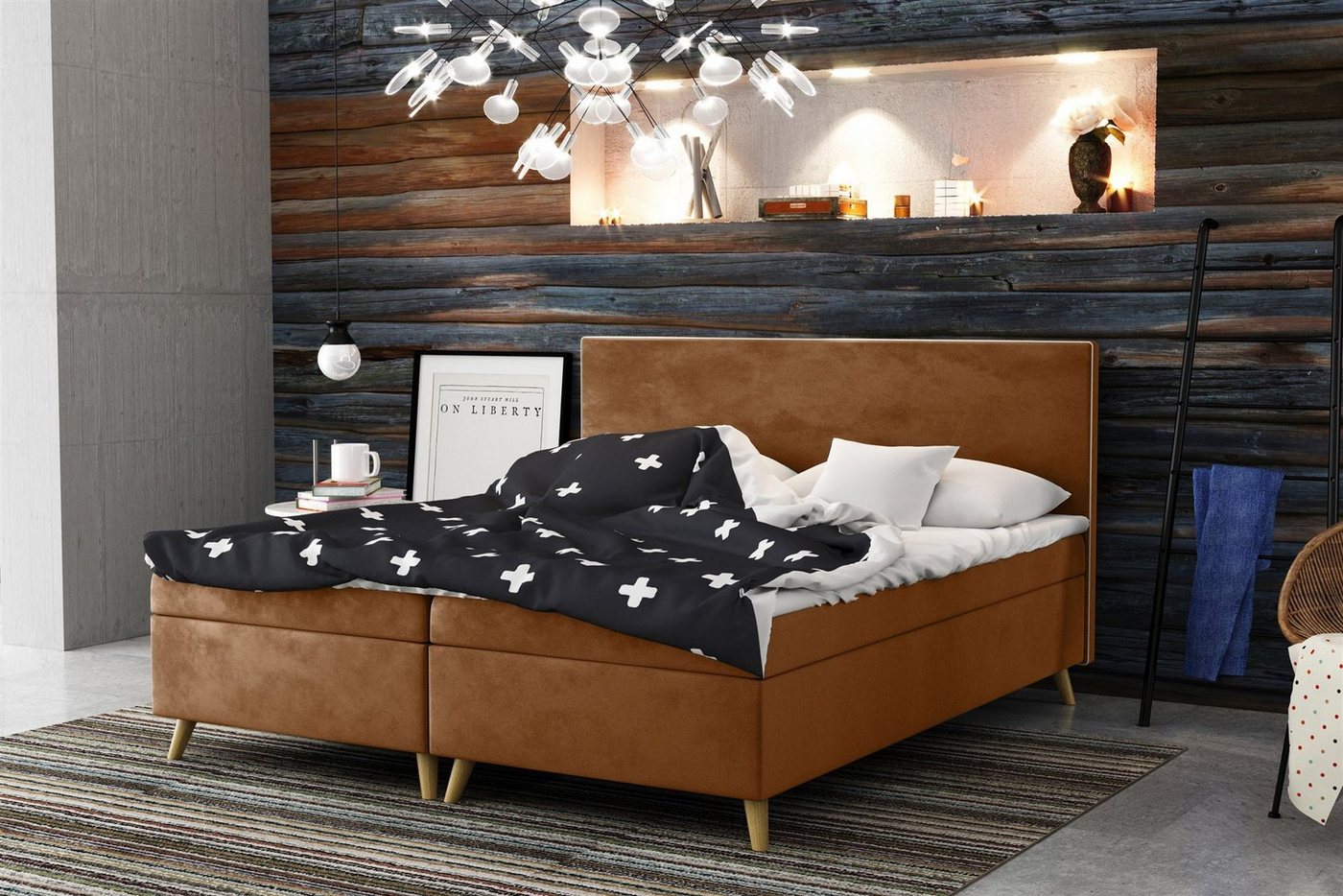 Fun Möbel Boxspringbett Schlafzimmerbett Sileno Überlänge in Stoff (inkl. Topper, auch in Standardlänge erhältlich), Mit kontrastfarbigem Saum von Fun Möbel