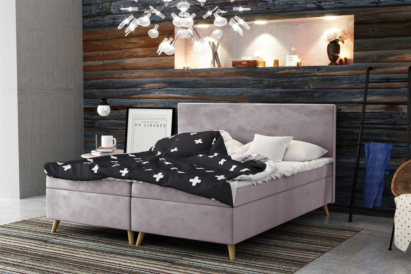 Fun Möbel Boxspringbett Schlafzimmerbett Sileno Überlänge in Stoff (inkl. Topper, auch in Standardlänge erhältlich), Mit kontrastfarbigem Saum von Fun Möbel