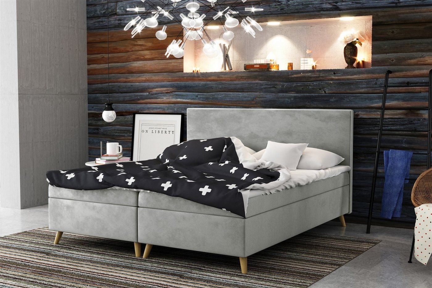 Fun Möbel Boxspringbett Schlafzimmerbett Sileno Überlänge in Stoff (inkl. Topper, auch in Standardlänge erhältlich), Mit kontrastfarbigem Saum von Fun Möbel