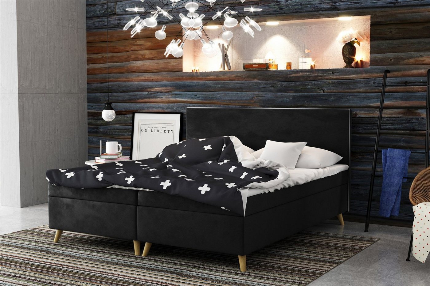 Fun Möbel Boxspringbett Schlafzimmerbett Sileno Überlänge in Stoff (inkl. Topper, auch in Standardlänge erhältlich), Mit kontrastfarbigem Saum von Fun Möbel