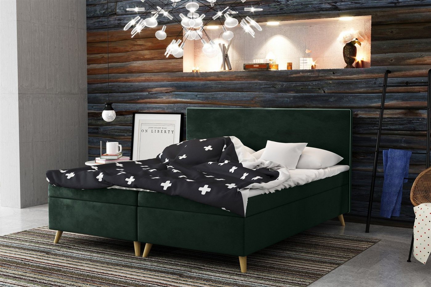 Fun Möbel Boxspringbett Schlafzimmerbett Sileno Überlänge in Stoff (inkl. Topper, auch in Standardlänge erhältlich), Mit kontrastfarbigem Saum von Fun Möbel