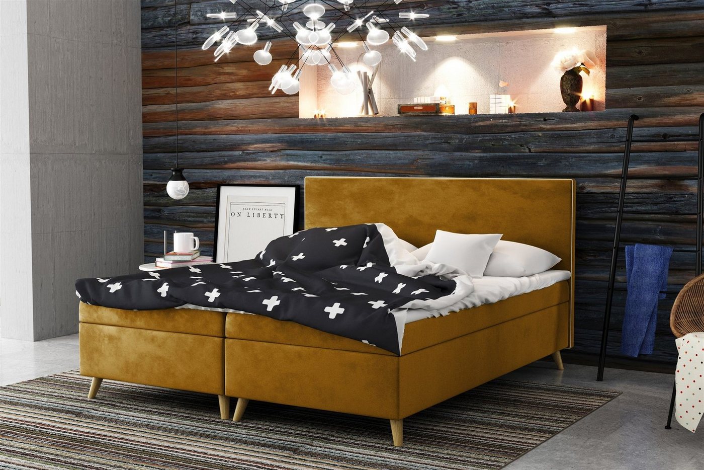Fun Möbel Boxspringbett Schlafzimmerbett Sileno in Stoff (inkl. Topper, auch in Überlänge erhältlich), Mit kontrastfarbigem Saum von Fun Möbel