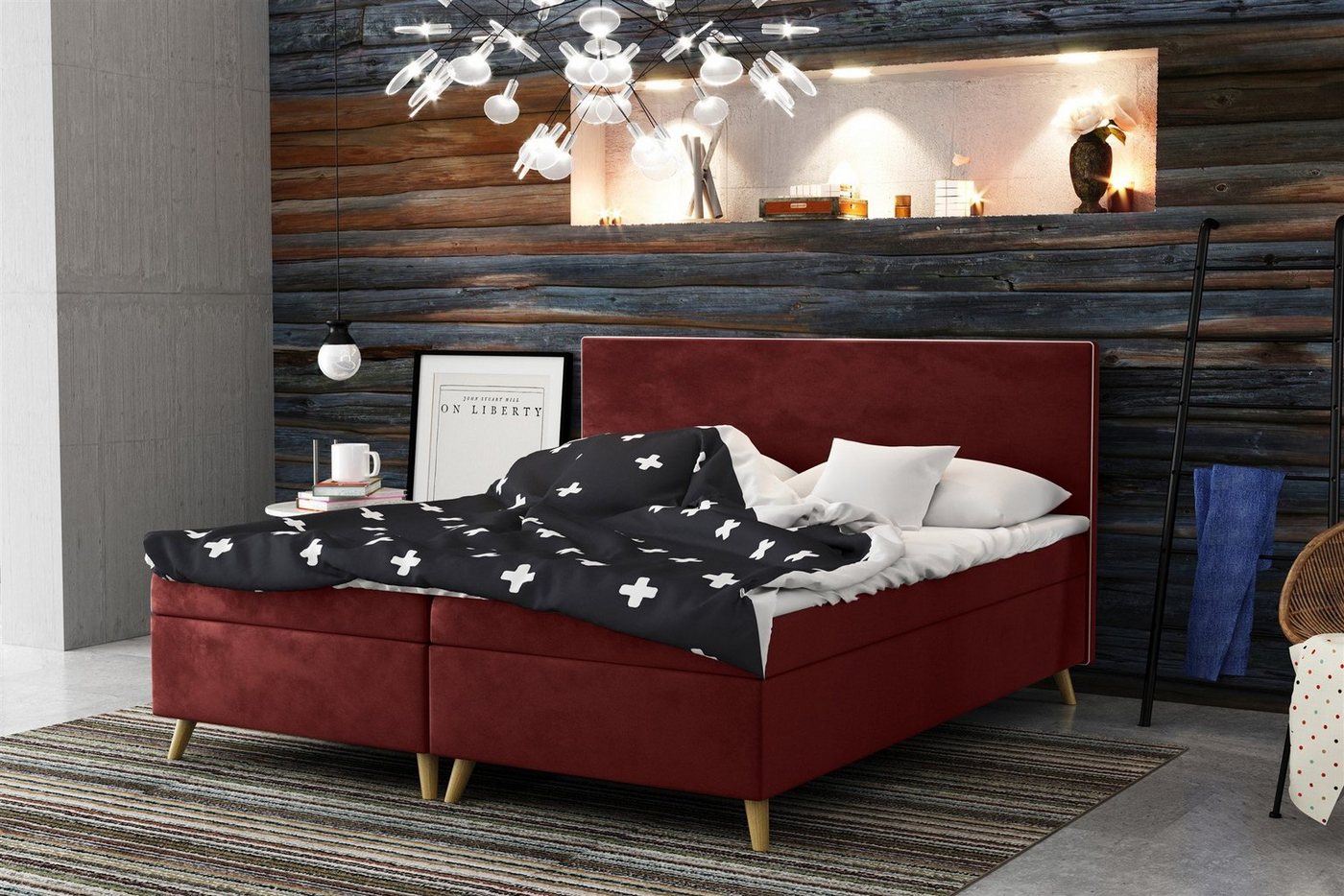 Fun Möbel Boxspringbett Schlafzimmerbett Sileno in Stoff (inkl. Topper, auch in Überlänge erhältlich), Mit kontrastfarbigem Saum von Fun Möbel