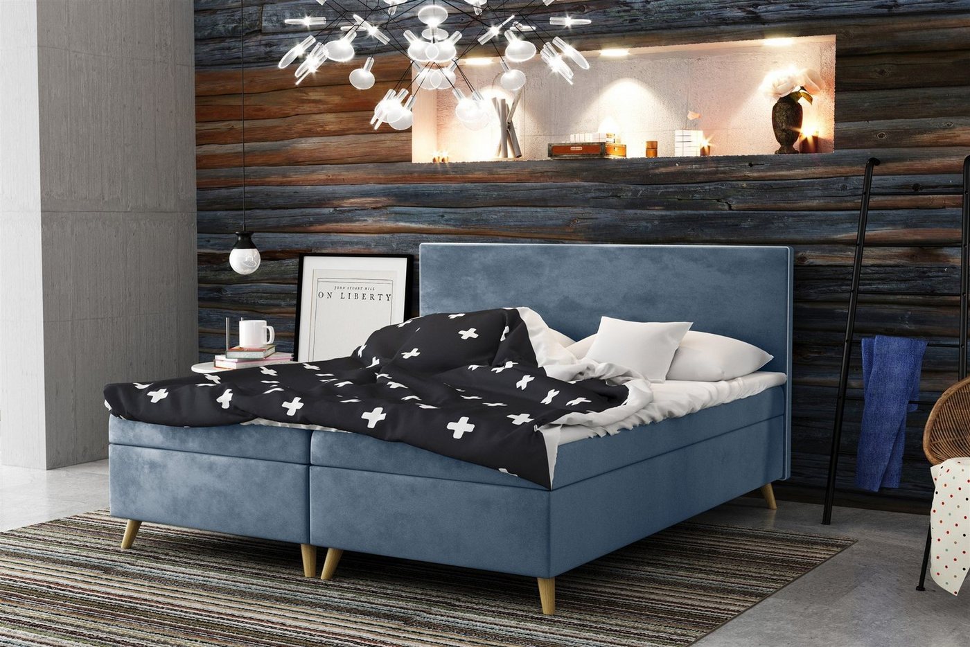 Fun Möbel Boxspringbett Schlafzimmerbett Sileno in Stoff (inkl. Topper, auch in Überlänge erhältlich), Mit kontrastfarbigem Saum von Fun Möbel