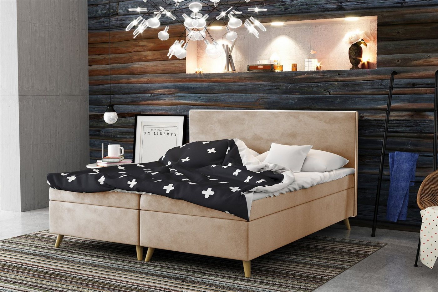 Fun Möbel Boxbett Schlafzimmerbett Sileno in Stoff Riviera oder Sawana (inkl. Topper, auch in Überlänge erhältlich), Mit kontrastfarbigem Saum von Fun Möbel