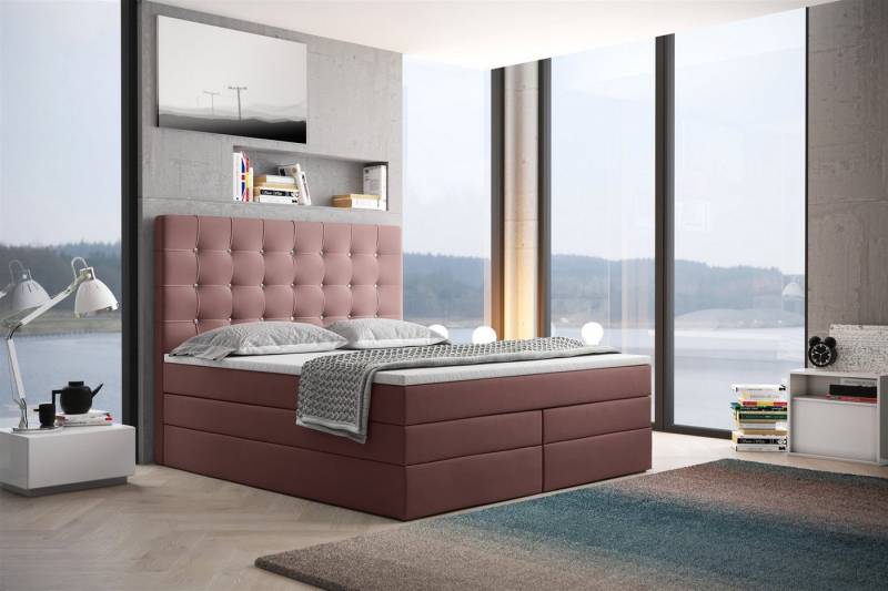 Fun Möbel Boxspringbett Schlafzimmerbett TRIANA DELUX Stoff Riviera oder Matt Velvet (inkl. Bettkasten, inkl. Viscoschaumtopper), Strasssteine im Kopfteil von Fun Möbel