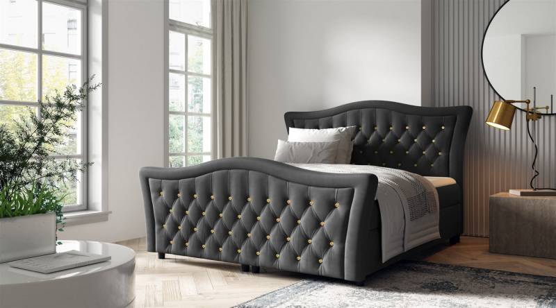Fun Möbel Boxbett Schlafzimmerbett TURHAN in Stoff Elisa Velvet (inkl. Topper und Bettkasten), Kopfteil und Fußteil mit Strasssteinen besetzt von Fun Möbel