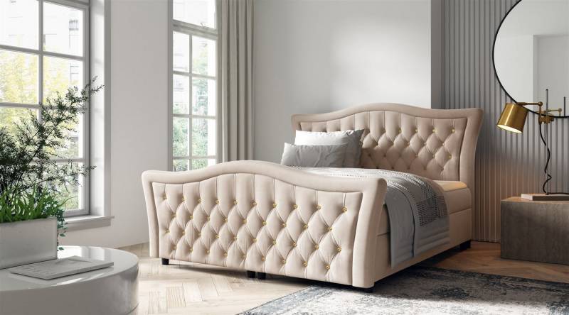 Fun Möbel Boxbett Schlafzimmerbett TURHAN in Stoff Elisa Velvet (inkl. Topper und Bettkasten), Kopfteil und Fußteil mit Strasssteinen besetzt von Fun Möbel